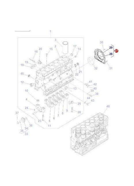 An exploded view diagram of a mechanical engine, specifically highlighting the Massey Ferguson – Housing Rear Crankshaft c/w Seal (part number 4224532M1) from AGCO, displaying multiple numbered components and tractor parts with corresponding labels and lines indicating assembly positions.