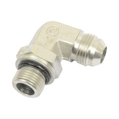 The Sparex Hydraulic Adaptor M18 male - 3/4''JIC 90compact male (Sparex Part No. S.43547) for Massey Ferguson features threaded M18 male connectors at both ends, designed to join pipes at a right angle.