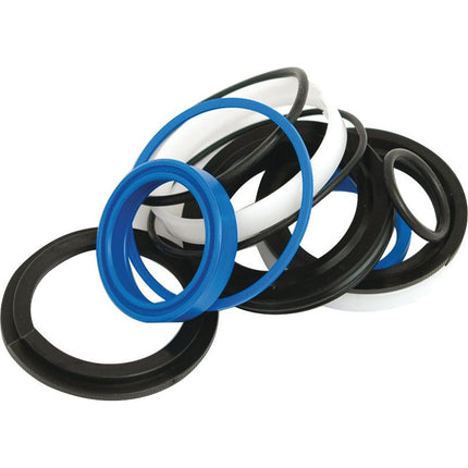 A versatile set of rubber and plastic seals and O-rings in various colors, including black, white, and blue, stacked and intertwined. This collection resembles the Sparex Hydraulic Cylinder Repair Kit - 105/45mm (Sparex Part No. S.32260).