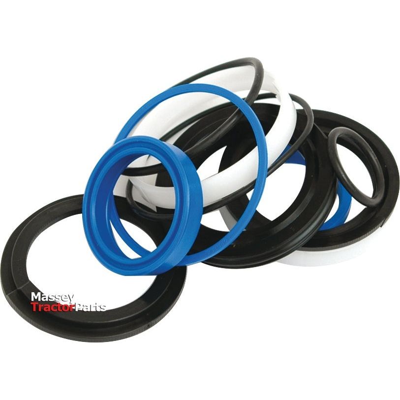 A collection of rubber seals and o-rings in black, blue, and white, available in various sizes. The bottom left corner features the "Massey Tractor Parts" logo, signifying that these parts are compatible with the Sparex Hydraulic Cylinder Repair Kit - 105/45mm (Sparex Part No.S.32260).