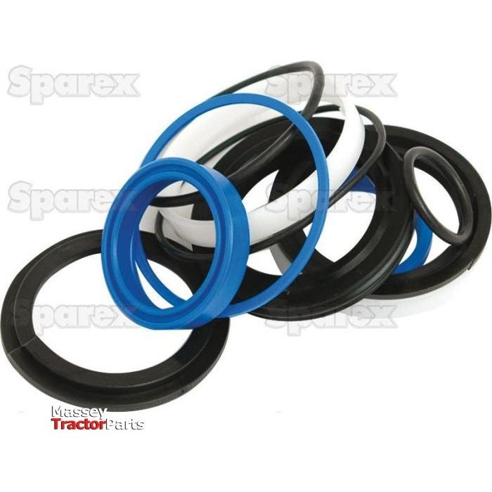 Various sizes of black, blue, and white sealing rings are displayed against a white background, labeled "Sparex" and "Massey Tractor Parts". The set includes the Hydraulic Cylinder Repair Kit - 105/45mm (Sparex Part No.S.32260) for precise repairs.