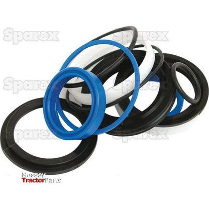Various sizes of black, blue, and white sealing rings are displayed against a white background, labeled "Sparex" and "Massey Tractor Parts". The set includes the Hydraulic Cylinder Repair Kit - 105/45mm (Sparex Part No.S.32260) for precise repairs.