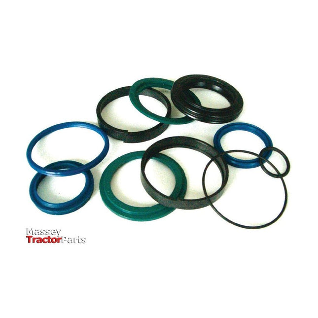 A collection of various rubber and plastic O-rings and seals in green, black, and blue is scattered on a white background with the "Massey Tractor Parts" logo in the bottom left corner. Product specifications for each size are available through Sparex for the Hydraulic Cylinder Repair Kit - 63/35mm (Sparex Part No. S.32253).