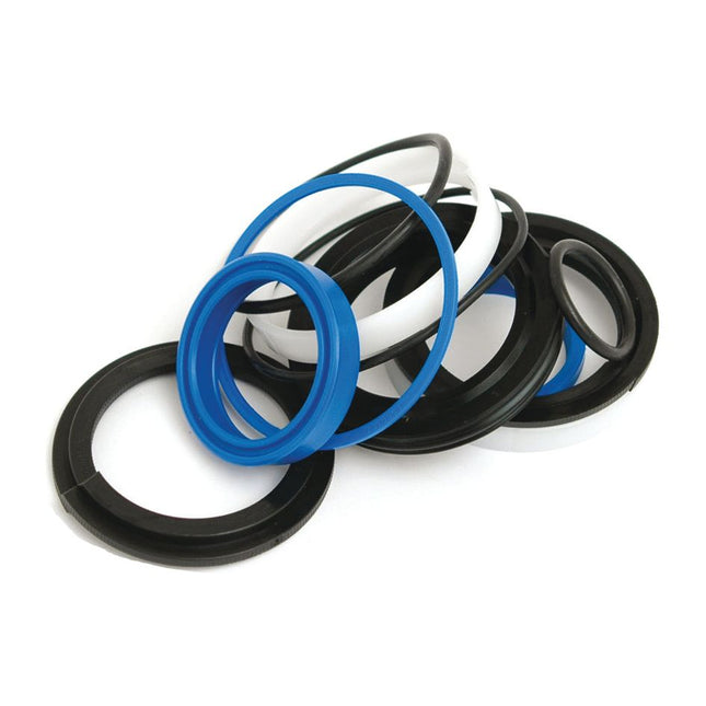 A collection of black, blue, and white circular sealing rings arranged on a white background, reminiscent of the Sparex Hydraulic Cylinder Repair Kit - 70/40mm (Part No.S.32254).