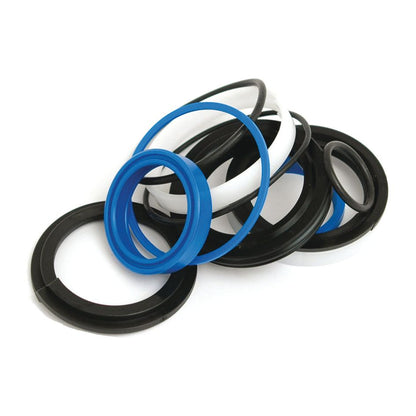 A collection of Sparex Hydraulic Cylinder Repair Kits (Part No.S.32257) in various colors, including blue, black, and white, stacked and overlapping each other. Product specifications include sizes of 90/45mm for a perfect fit.