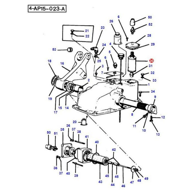 An exploded diagram of the 300 Series Massey Ferguson hydraulic filter (part numbers: 3530223M92 and 3530223M93) by AGCO, featuring numbered parts and labels.