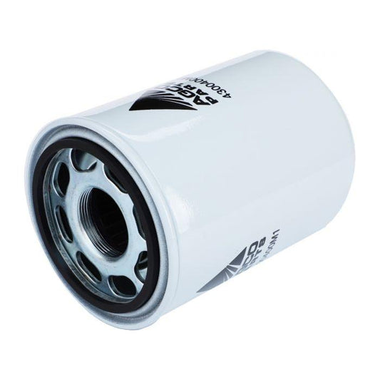 A white cylindrical hydraulic filter from AGCO's Massey Ferguson 4300400M1 series, featuring a metallic threaded center and printed text on the side, is shown.