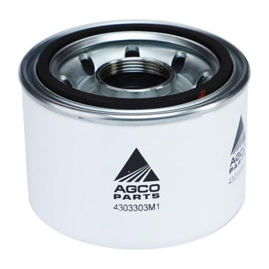 A white AGCO Massey Ferguson hydraulic filter, model number 4303303M1, featuring a black and silver metal top and threaded center opening.