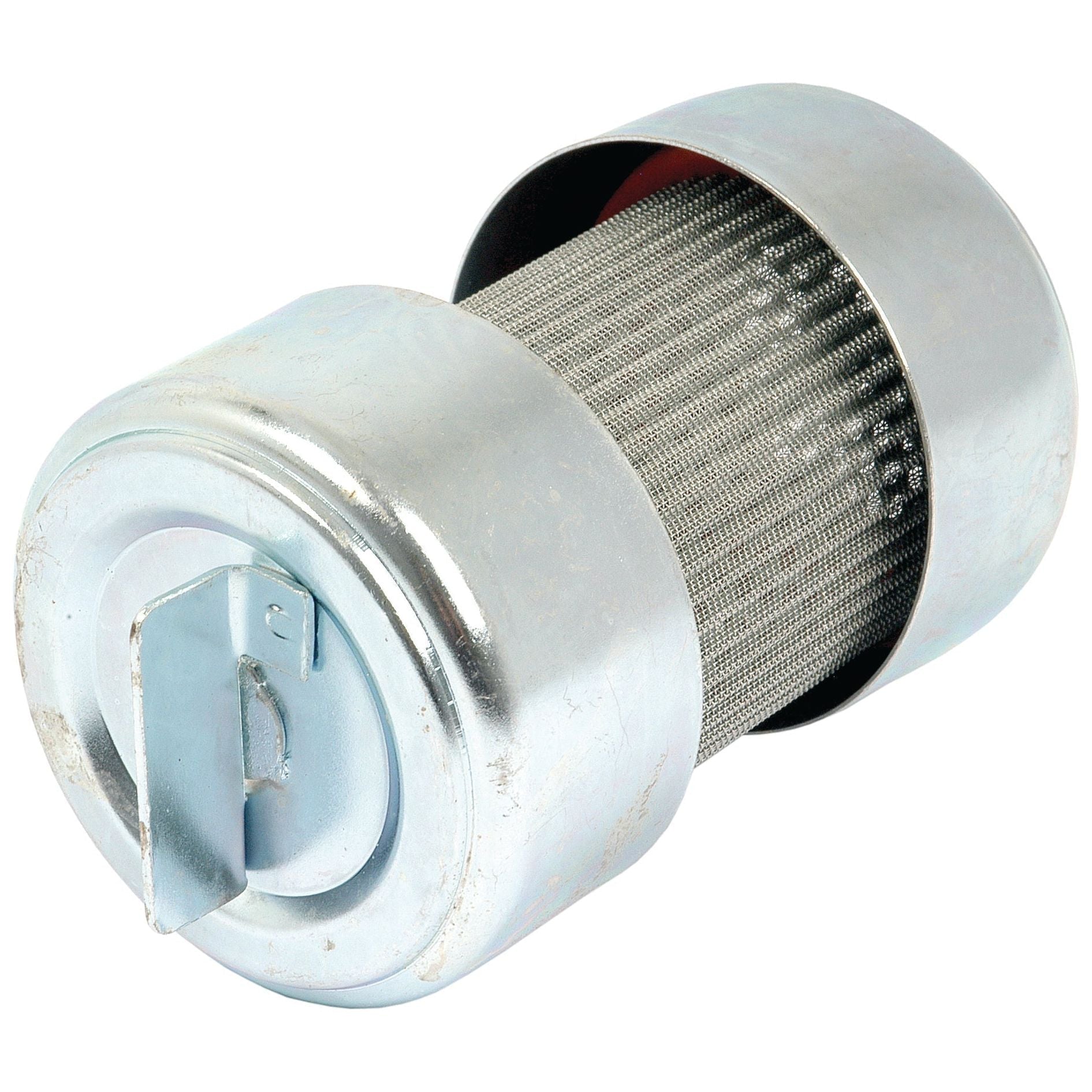 A cylindrical metal fuel filter with a mesh screen and a top lid featuring a metal tab, often included in the Sparex Hydraulic Filter Kit (Sparex Part No. S.42878) for Massey Ferguson hydraulic pumps.