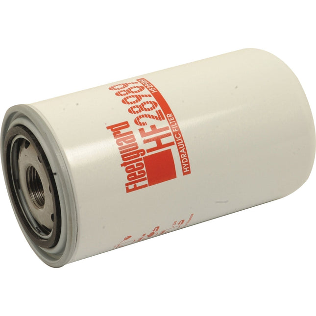 A Sparex hydraulic filter HF28989 with a white cylindrical body and red labeling, featuring a thread size 1 - 12 UNF-2B, lies on its side against a white background.