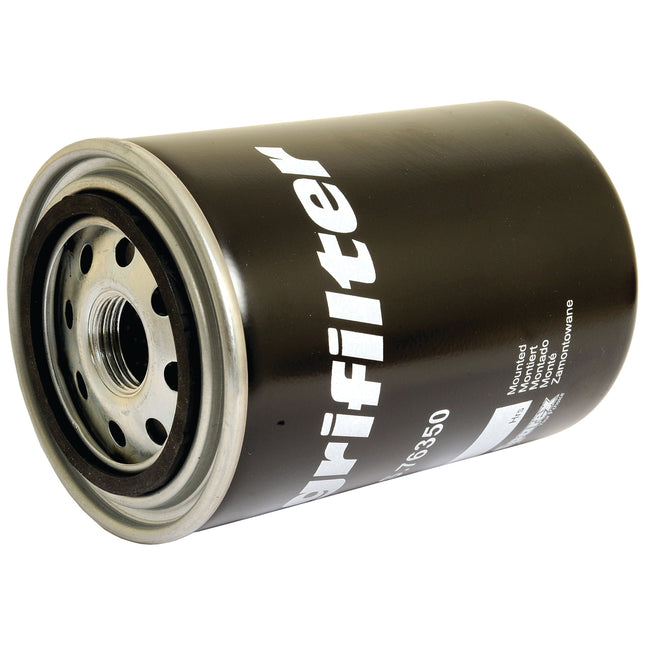 A cylindrical hydraulic filter with a black exterior and white "grifilter" text, featuring a Sparex Agrifilter design and Massey Ferguson compatibility, appears against a plain, white background. The product is identified as the Hydraulic Filter - Spin On (Sparex Part No. S.76350).
