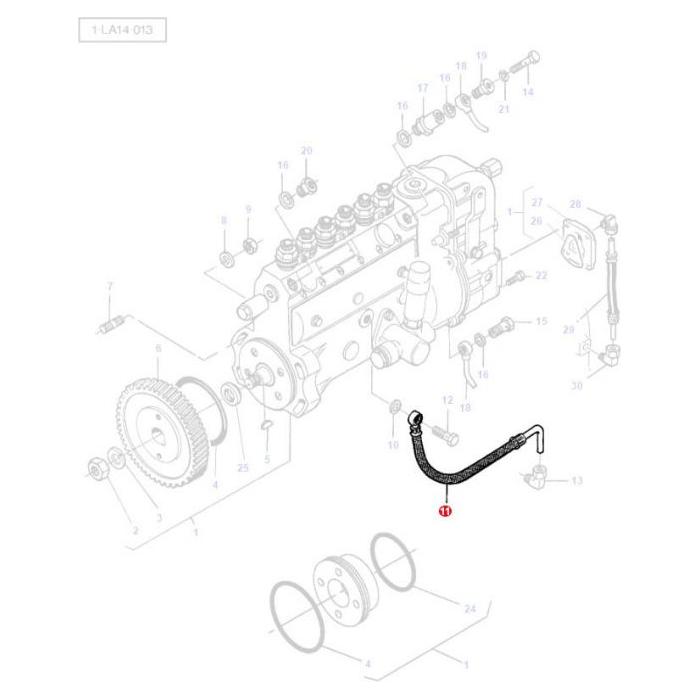 Exploded view diagram of an engine with numbered parts. One specific part, labeled as number 19 - the Massey Ferguson Hydraulic Hose (part number V836346890) by AGCO - is highlighted in black.