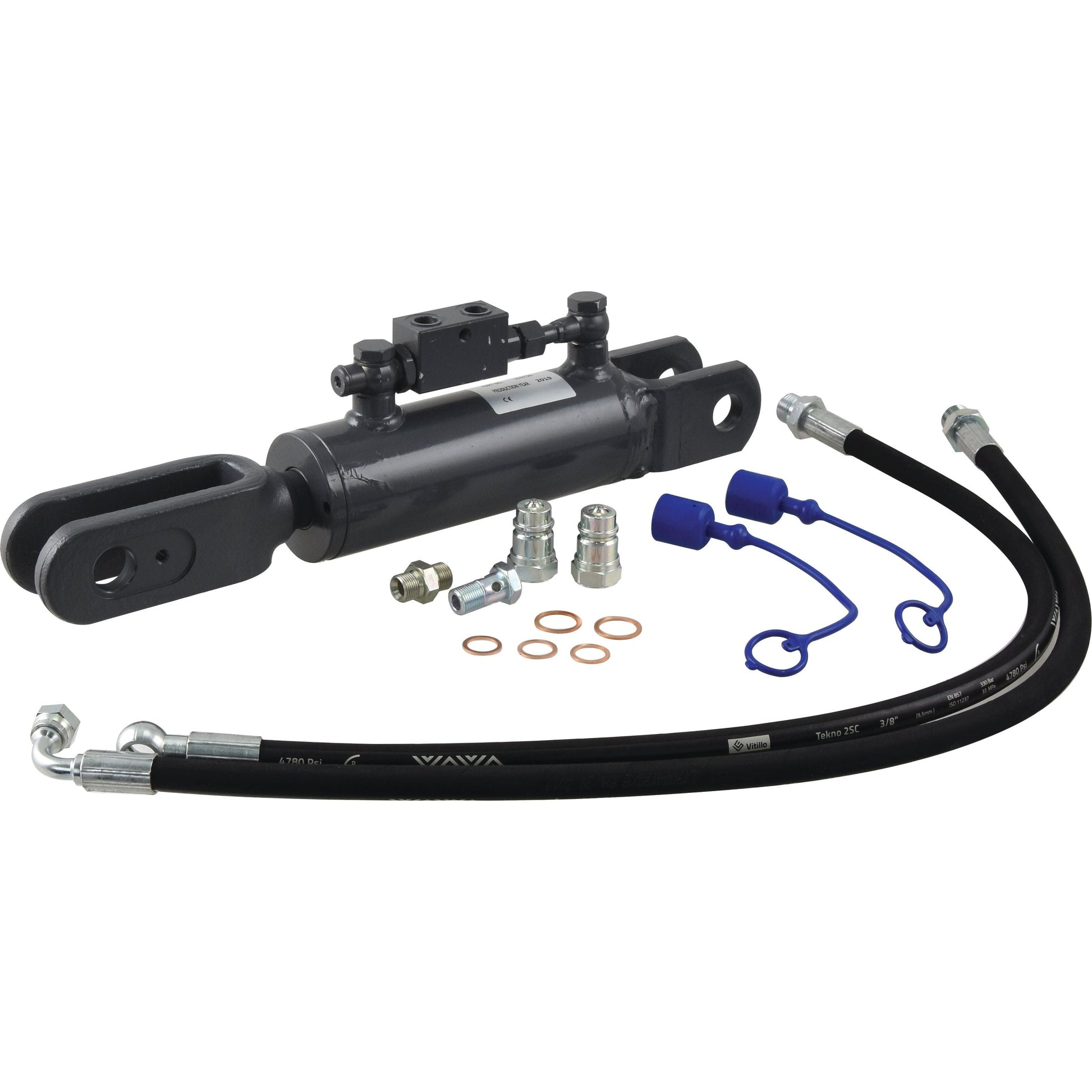 A Sparex Hydraulic Levelling Box, complete with hoses, fittings, washers, and a check valve, is arranged on a white background. This includes features like fork holes with diameters of 25mm and 26mm, a minimum length of 440mm, and a cylinder bore of 63mm (Sparex Part No. S.153736).