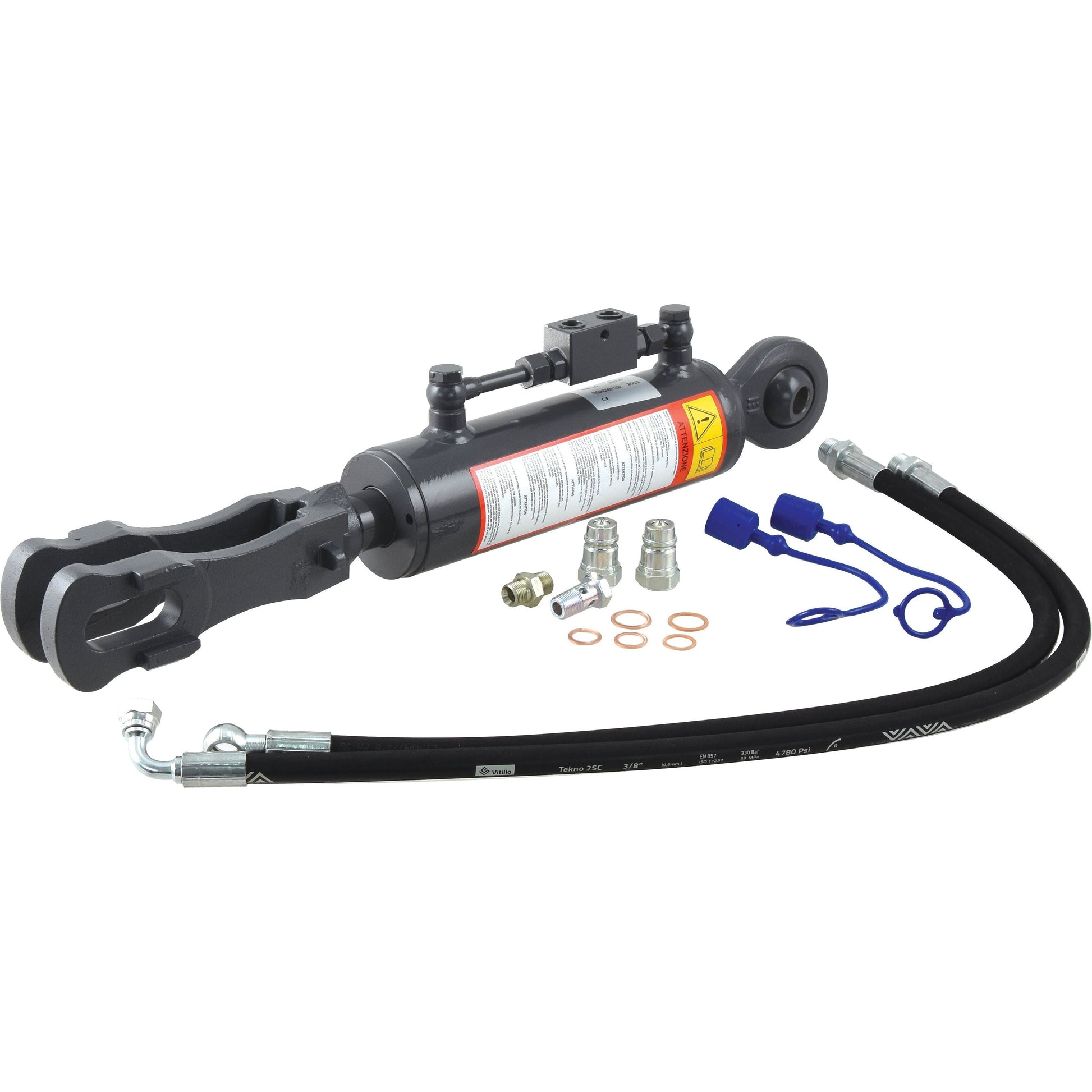 Hydraulic Levelling Box, supplied with hoses and suitable for Massey Ferguson, displayed on a white background. Product includes ball-angled Ø 22mm, fork hole Ø 29x60mm, minimum length of 640mm, and an 80mm cylinder bore. | Sparex Part No.S.153735