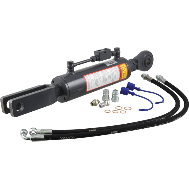 Hydraulic Levelling Box, supplied with hoses, on a white background, featuring a Sparex Check Valve for enhanced performance. The assembly includes various fittings and protective caps. Product details: Ball Ø 28mm, Fork Hole Ø 32mm, Min. Length: 710mm, Cylinder Bore: 90mm (Sparex Part No.S.153742).