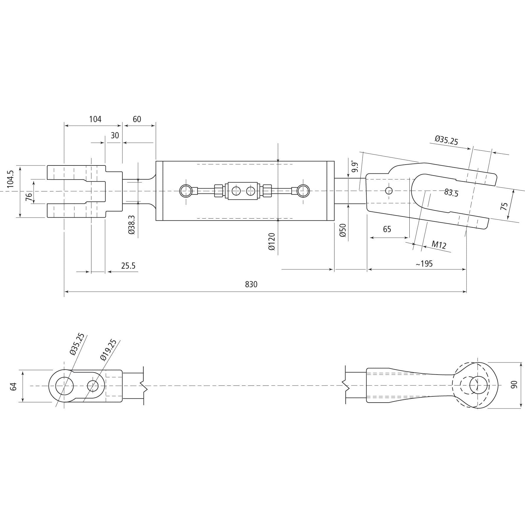 Technical drawing of a Hydraulic Levelling Box (Sparex Part No. S.113931) featuring multiple views and dimensions. The assembly includes components such as cylindrical sections (Cylinder Bore: 120mm) and rectangular sections with specific measurements labeled, including a fork hole diameter of Ø36mm and a minimum length of 830mm. Additionally, the drawing details hoses supplied for precision control within the system.