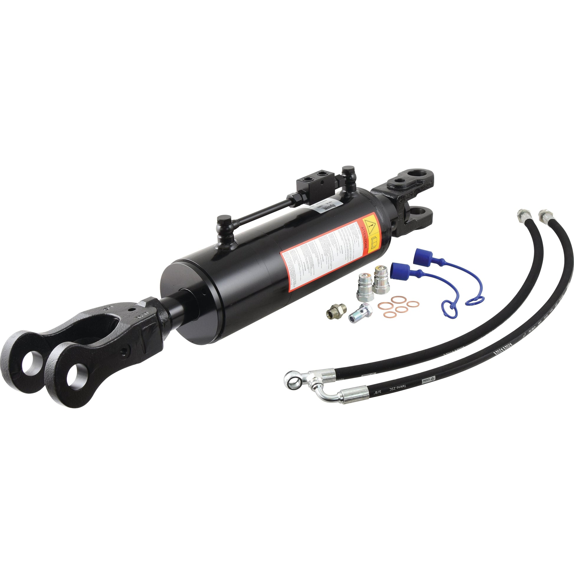 Sparex Hydraulic Levelling Box, compatible with Case IH MAGNUM, includes a black cylinder, hoses, connectors, check valve, and accessories. Supplied with hoses and features Ø36mm fork holes, a minimum length of 830mm, and a cylinder bore of 120mm. Sparex Part No. S.113931.