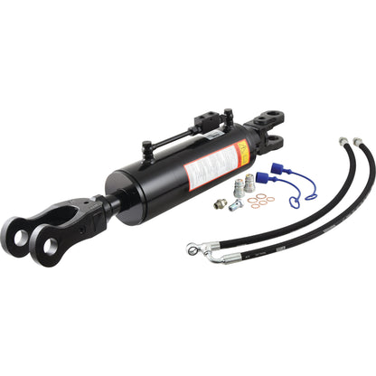 Sparex Hydraulic Levelling Box, compatible with Case IH MAGNUM, includes a black cylinder, hoses, connectors, check valve, and accessories. Supplied with hoses and features Ø36mm fork holes, a minimum length of 830mm, and a cylinder bore of 120mm. Sparex Part No. S.113931.