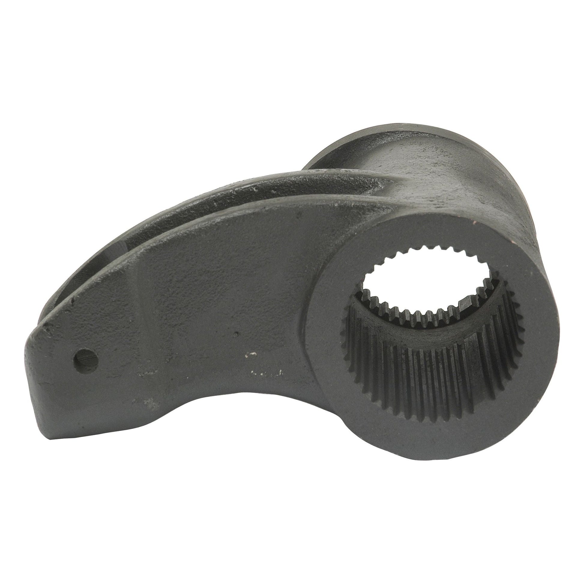 A metal lever with a crescent shape and a toothed, cylindrical opening, ideal for use in Massey Ferguson tractor parts—Hydraulic Lift Arm by Sparex (Part No. S.41446).