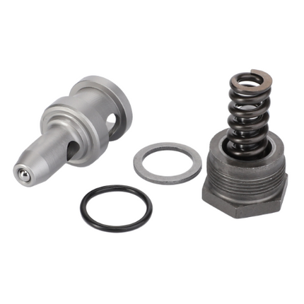 The Massey Ferguson - Hydraulic Pressure Valve - 3382294M91 by AGCO features a silver cylindrical component, a black spring housed in a hexagonal base, a metal washer, and a black O-ring, all displayed against a plain white background—perfect for use in 300 Series or Massey Ferguson tractors.