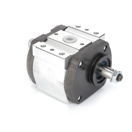 The AGCO Massey Ferguson - Hydraulic Pump - 3797115M3 is a compact industrial hydraulic pump designed for Massey Ferguson tractor parts, featuring a cylindrical shaft and mounting bolts. The metallic body showcases a sleek combination of silver and black.