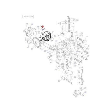An exploded view of a mechanical assembly with various numbered parts, including bolts, gears, and a housing unit typically found in tractor parts. Part 43, highlighted in red, connects to the AGCO Massey Ferguson Hydraulic Pump - 3797115M3.