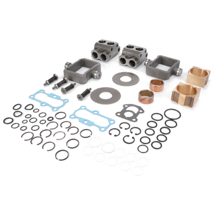 A collection of essential mechanical parts, including gaskets, O-rings, seals, screws, and metal fittings, arranged on a white background for the Massey Ferguson - Hydraulic Pump Repair Kit MK lll - 1810860M93 by AGCO.