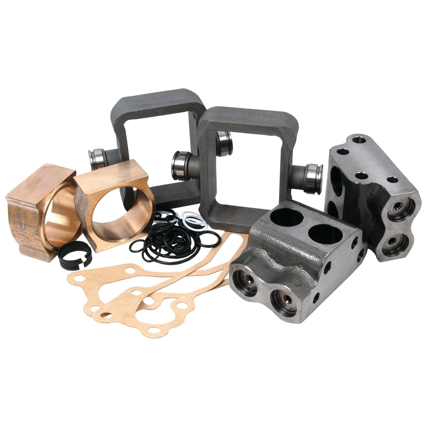 A set of mechanical parts, including metal brackets, bushings, gaskets, and O-rings from a Hydraulic Pump Repair Kit (Sparex Part No. S.17368) for Massey Ferguson tractors by Sparex, arranged on a white background.
