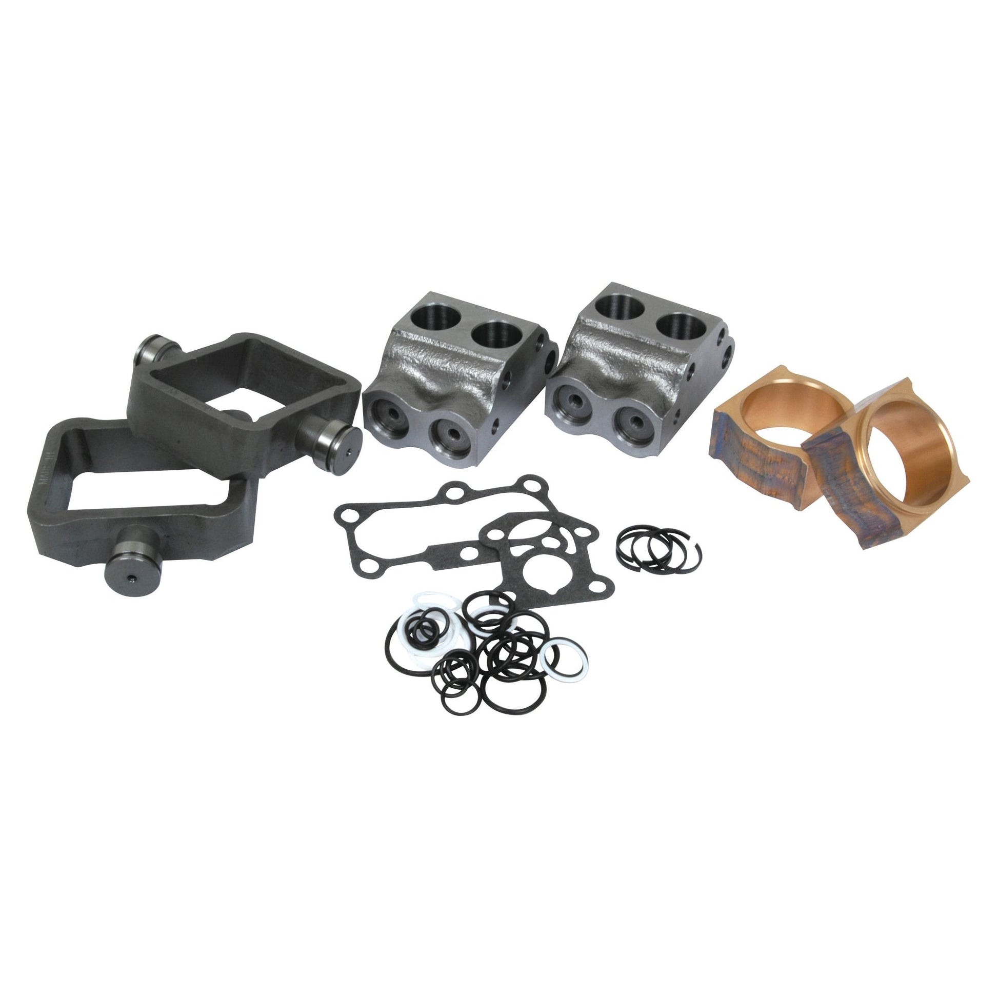 A collection of automotive parts, including metal brackets, gasket pieces, rubber o-rings, and bronze fittings from the Sparex Hydraulic Pump Repair Kit (Part No. S.40845), arranged on a white surface.