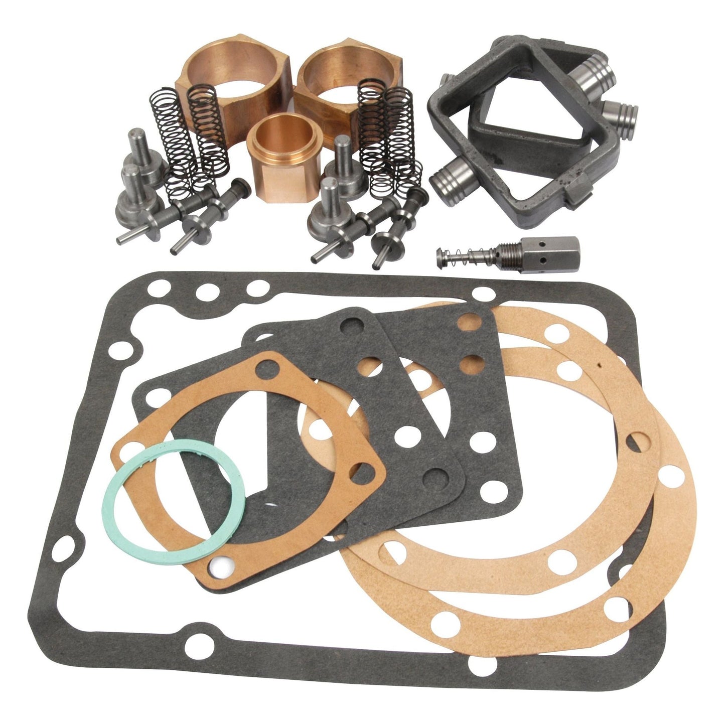 A set of car engine gaskets and mechanical parts, including various seals, springs, and metal connectors arranged on a white background. Additionally included is the Sparex Hydraulic Pump Repair Kit (Sparex Part No. S.61325), which is compatible with Ford / New Holland machinery.