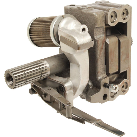 The Sparex Hydraulic Pump (Part No. S.42258) is a metallic industrial mechanical part that features a cylindrical filter, gear shafts, 21 spline connections, and various bolts and components typically found in Massey Ferguson hydraulic pumps.