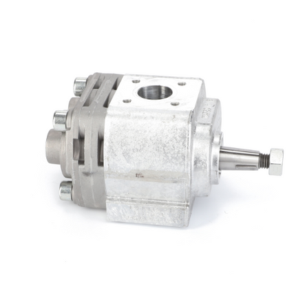 A crucial AGCO component for the DYNA Series of Massey Ferguson tractor parts, the hydraulic pump model 3797065M1 features a metal structure with a cylindrical extension, bolts, and a central hole.