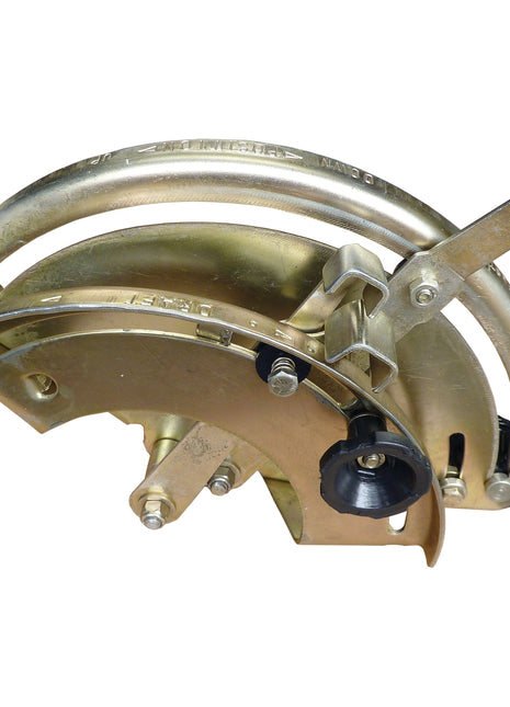 The Hydraulic Quadrant Assembly (Sparex Part No. S.43898) from the Sparex brand, often found in Massey Ferguson toolkits, is essential for bending pipes and tubing in various construction or plumbing applications with its brass metal pipe bender featuring a black handle and circular gauge wheel.