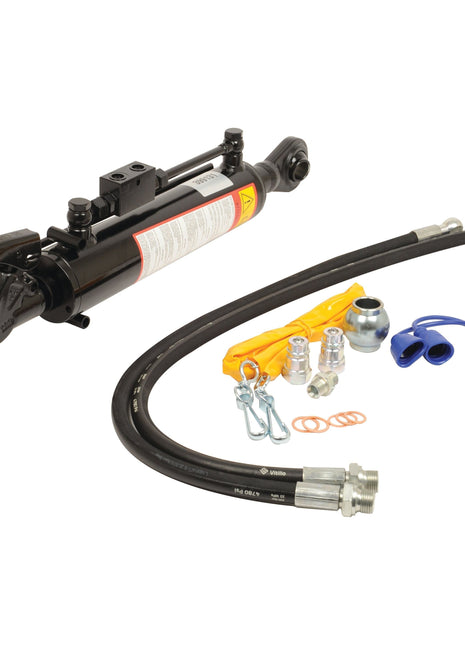 The Sparex Hydraulic Top Link (Cat.1/2) Ball and Q.R CBM Hook, Part No. S.399781, compatible with tractor implements, features a 50mm bore black cylinder, hose, fittings, bolts, and other essential parts with a minimum length of 520mm.