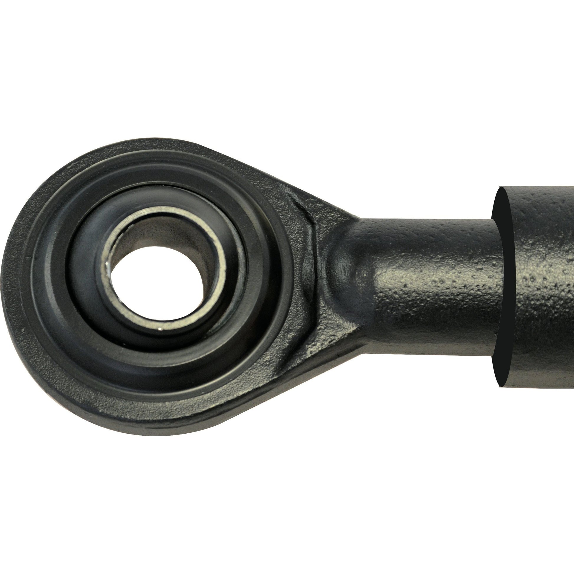 Close-up view of the Sparex Hydraulic Top Link (Cat.1/2) Ball and Q.R CBM Hook, featuring a black metallic rod end bearing with a visible circular hole and a textured surface. The cylinder bore measures 63mm, and the minimum length is 430mm. | Sparex Part No.S.331000