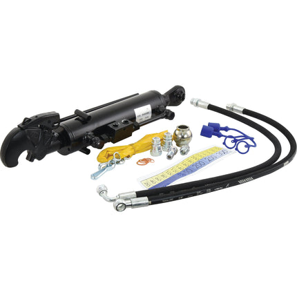 A Sparex hydraulic top link (Cat.1/2) ball and Q.R CBM hook, cylinder bore 70mm, minimum length 550mm kit includes various components such as hoses, fittings, a measurement tape, and a check valve, all positioned on a white background.