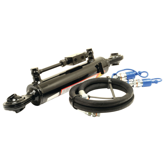 Image of the Sparex Hydraulic Top Link (Cat.2/2) Ball and Ball, featuring a black hydraulic cylinder with a hose set wrapped in a coil and blue protective caps on the connectors, with a cylinder bore of 50mm and a minimum length of 480mm, suitable for use as a tractor implement. (Sparex Part No.S.399261)