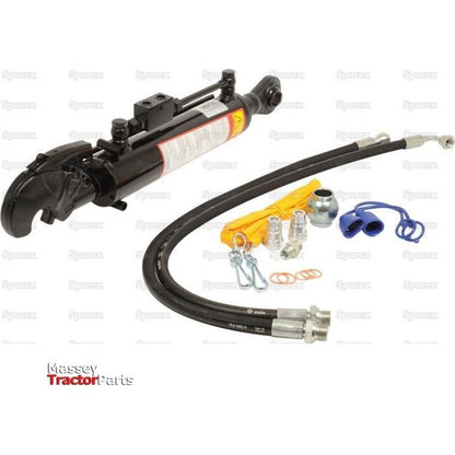 A cohesive valve assembly set for tractors, the Sparex Hydraulic Top Link (Cat.2/2) Ball and Q.R CBM Hook, features a hydraulic cylinder with a 63mm bore, minimum length of 450mm, hoses, fittings, pins, and various connectors displayed on a white background (Sparex Part No. S.331591).