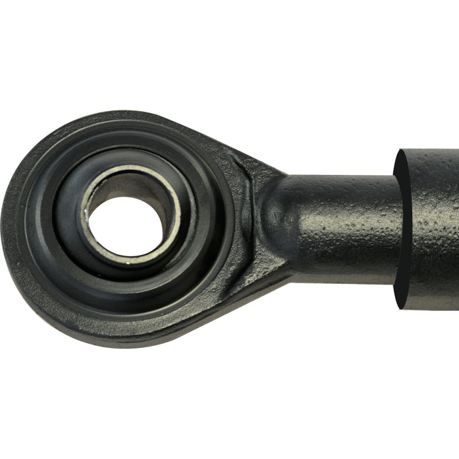 Close-up of the Hydraulic Top Link (Cat.2/2) Ball and Q.R CBM Hook by Sparex, featuring a heavy-duty metal rod end with a spherical bearing housed in a circular joint. This component is ideal for mechanical linkage and pivoting applications, and is specifically designed for hydraulic top link systems in tractor parts. The cylinder bore measures 63mm, with a minimum length of 585mm (Sparex Part No.S.331301).