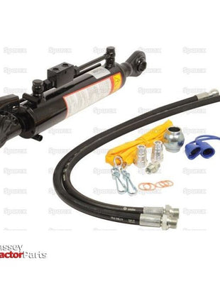 A Hydraulic Top Link (Cat.2/2) Ball and Q.R CBM Hook, with a cylinder bore of 63mm and a minimum length of 655mm, is displayed along with hoses, connectors, and various hardware components on a white background. The "Massey Tractor Parts" logo is visible in the corner. Manufactured by Sparex, this Category 2/2 kit ensures reliable connections and performance for all your agricultural needs under Sparex Part No.S.399831.
