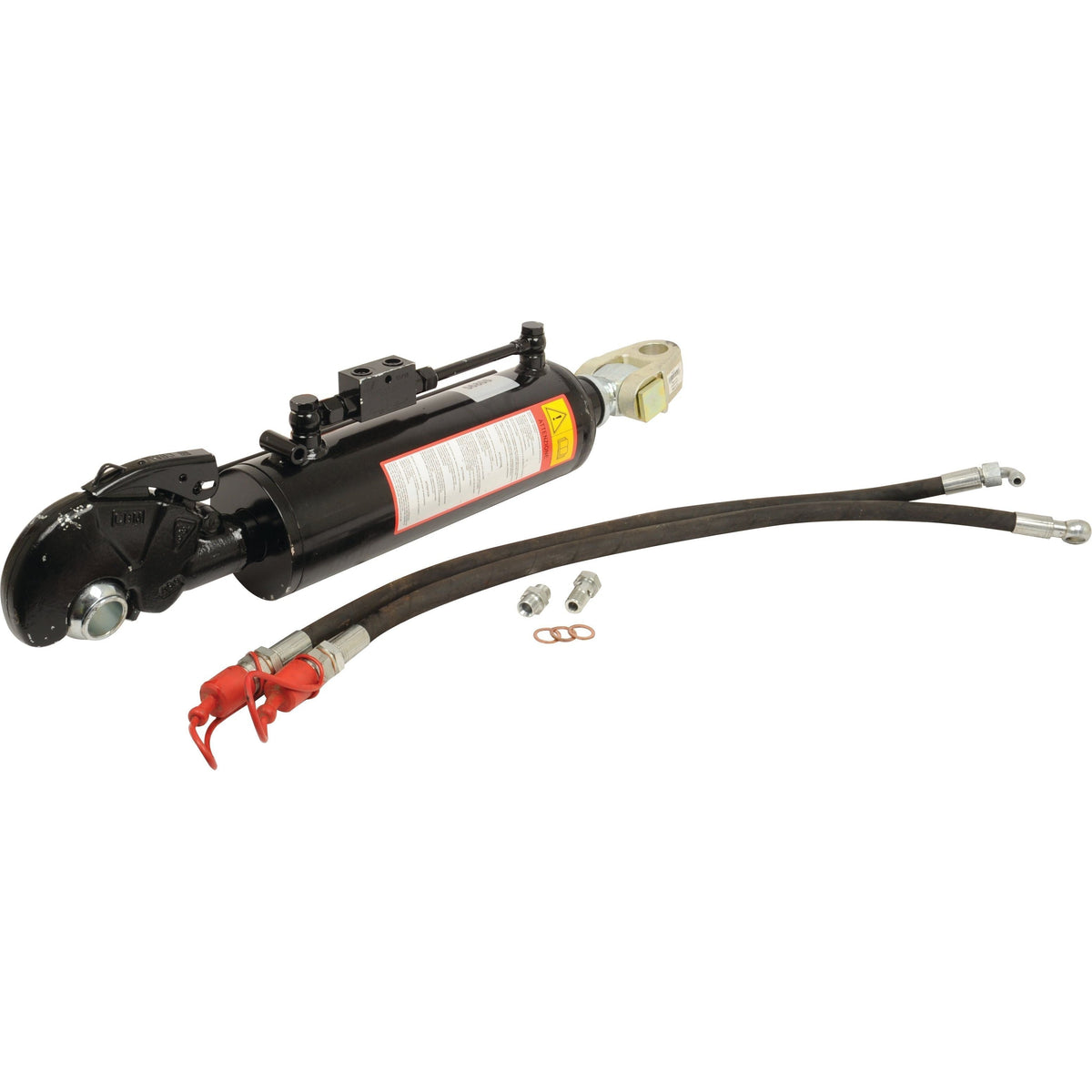 The Sparex Hydraulic Top Link (Cat.2/2) Knuckle and Q.R CBM Hook, featuring an 80mm cylinder bore and a minimum length of 610mm, is displayed against a white background with two attached hoses and additional fittings suitable for tractor implement ends. Model: Sparex Part No.S.399941.