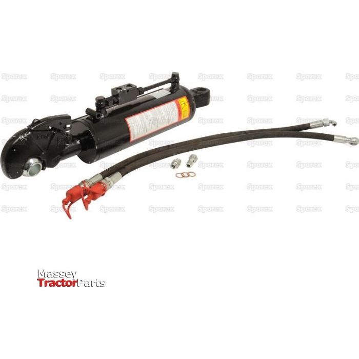 A Sparex Hydraulic Top Link (Cat.-/2) with Q.R CBM Hook and an 80mm cylinder bore, minimum length of 580mm, Part No. S.56812, includes hoses, connectors, and fittings for tractor implements.