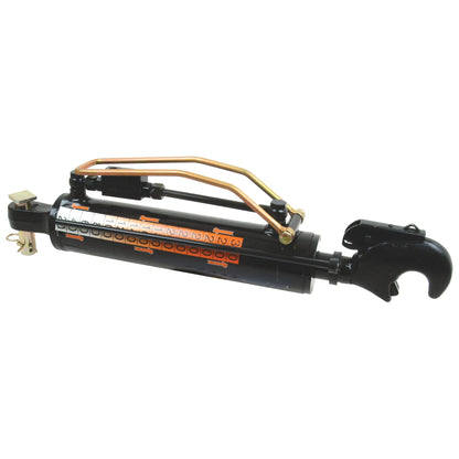A black industrial tool with a hook, hydraulic components, and a labeled scale. Copper tubes are attached on top, indicating it could be the Sparex Hydraulic Top Link (Cat.-/2) with Quick Release Hook and 63mm Cylinder Bore (Sparex Part No.S.56790), used for precise adjustments or measurements, possibly as a tractor implement.