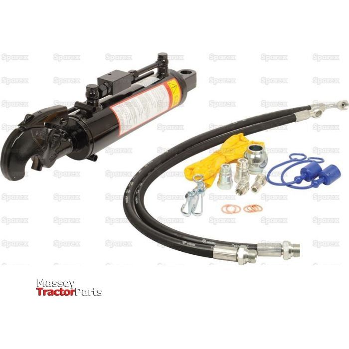A hydraulic top link kit featuring hoses, connectors, and installation accessories is displayed against a plain background, emphasizing the 80mm Cylinder Bore details. The Sparex "Massey Tractor Parts" logo is prominently positioned at the bottom left corner. The product shown is the Hydraulic Top Link (Cat.-/2) with Q.R. Hook and a minimum length of 550mm, identified by Sparex Part No.S.56795.