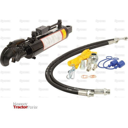 A hydraulic top link kit featuring hoses, connectors, and installation accessories is displayed against a plain background, emphasizing the 80mm Cylinder Bore details. The Sparex "Massey Tractor Parts" logo is prominently positioned at the bottom left corner. The product shown is the Hydraulic Top Link (Cat.-/2) with Q.R. Hook and a minimum length of 550mm, identified by Sparex Part No.S.56795.