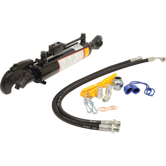 The Sparex Hydraulic Top Link (Cat.3/3) Ball and Q.R CBM Hook, with a 105mm cylinder bore and a minimum length of 667mm, is an ideal hydraulic steering cylinder kit for a Tractor End. The kit includes a black cylinder, hoses, fittings, sealing rings, and installation tools—all displayed on a white background. (Sparex Part No.S.331356)