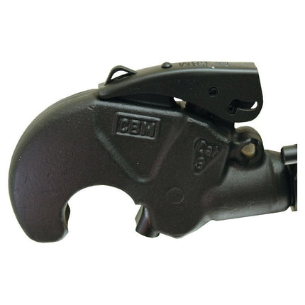 A close-up view of the Sparex Hydraulic Top Link (Cat.3/3) Knuckle and Q.R CBM Hook, with visible manufacturer markings, including the letters "CBM" embossed on its side. This black tow hook assembly features a 90mm cylinder bore and a minimum length of 565mm, making it suitable for tractors.