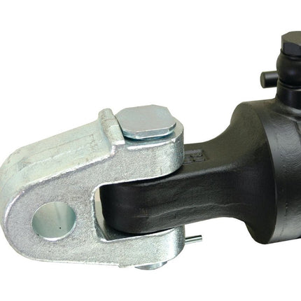Close-up of the Sparex Hydraulic Top Link (Cat.3/3) with a knuckle and Q.R CBM hook, featuring robust engineering ideal for heavy-duty applications. This metal mechanical part includes a hinge joint with a large bolt and a hole designed for connecting to another component, making it suitable for tractors. The cylinder bore measures 90mm and the minimum length is 565mm, under Sparex Part No.S.399891.