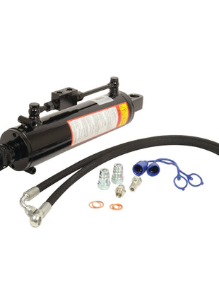 A Sparex Hydraulic Top Link (Cat.-/3) Knuckle and Ball, with a 90mm cylinder bore and a minimum length of 640mm, featuring connected hoses and additional fittings, on a white background.