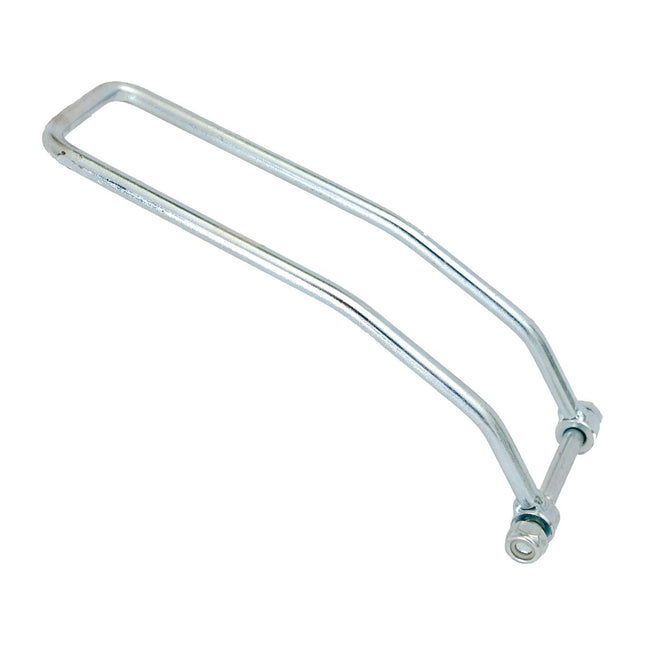 The Hydraulic Top Link Handle 290mm (Sparex Part No. S.39967), a metallic U-shaped handle with attached screws, is typically used for securing or lifting objects and is compatible with Deutz-Fahr AGROTRON equipment.